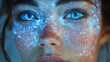 © Jam - Close up of a Woman's Face Illuminated by Blue Light Reflecting Intricate Patterns. Generative AI