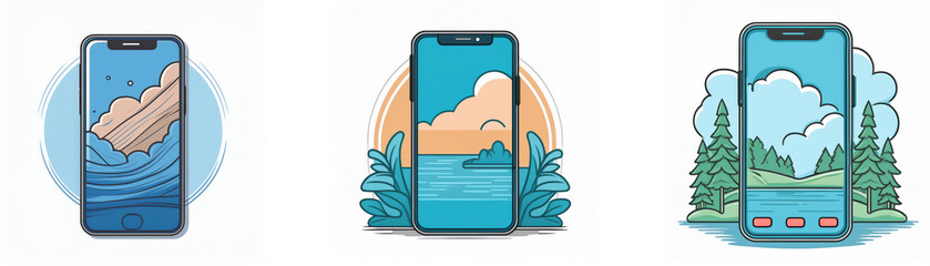 Fototapete - Three smartphones with different nature scenes displayed on their screens.