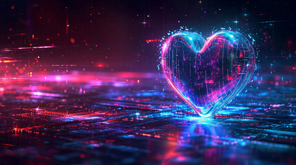 Wall Mural - futuristic digital love heart shape in neon colors for modern valentines day greeting card