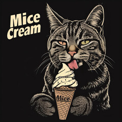  Humorous cat with a skeptical face licking a Mice Cream cone illustration