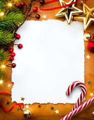 Wall Mural - art christmas greeting with shiny christmas star, christmas tree decorations and candy cane, top vie