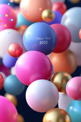 Vibrant spheres in various colors celebrating New Year 2025, creating festive atmosphere with clean and clear design, perfect for holiday themes