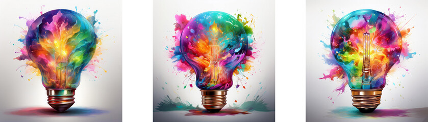 Poster - Three lightbulbs are exploding with colorful paint splatter.