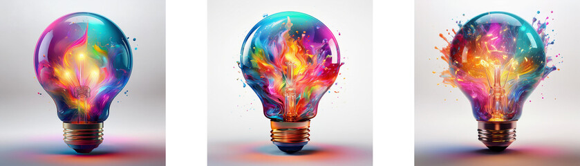 Aufkleber - Three light bulbs filled with vibrant, colorful splashes of paint, symbolizing creativity and inspiration.