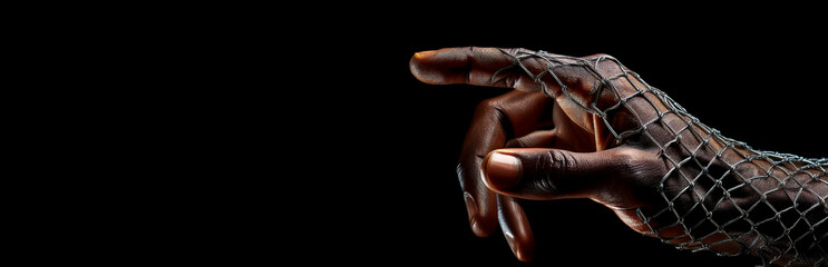 Extreme close-up of a male black hand with fingers trapped in a wire mesh, isolated on a black background with copy space. Concept of imprisonment, captivity and waiting for freedom. Generative Ai.