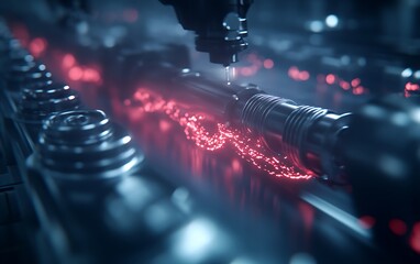 Aufkleber - A close-up of a high-tech manufacturing process with glowing red elements, showcasing precision machinery and intricate details.
