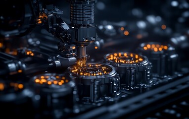 Aufkleber - A close-up view of intricate machinery with glowing components, showcasing precision engineering and advanced technology in a dark setting.