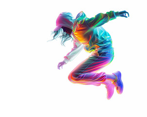 Vibrant neon athlete in dynamic mid-air jump isolated on white