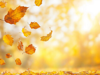 Autumnal Dance: Golden leaves gracefully twirling in a vibrant autumn scene, bathed in warm sunlight.  A picturesque depiction of fall's gentle beauty. 