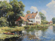 © Kingdola - Summer Idyll: Lakeside Farmhouse Painting