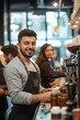 © Oscar - A smiling barista preparing coffee in a trendy coffee, using a modern espresso machine, with customers in the background