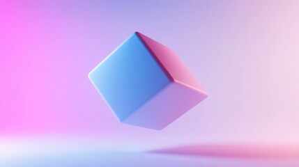 Wall Mural - a single, floating 3d cube with smooth edges, rendered in a soft pastel color against a solid white 