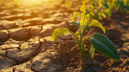 Young plant sprouts in dry, cracked soil under warm sunlight, symbolizing resilience and hope in harsh conditions