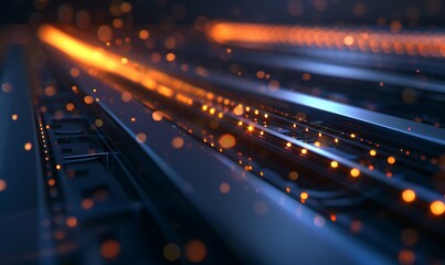 Aufkleber - A close-up image of glowing orange particles flowing along metallic tracks, creating a vibrant and dynamic visual effect.