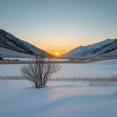 Wall Mural - winter sunrise casts warm glow over snowy valley, with lone tree in foreground and mountains in distance, creating serene and tranquil scene