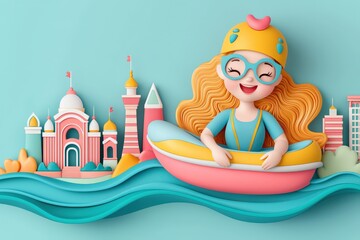 Cheerful girl enjoys fun adventure in colorful paper-craft city while kayaking on calm water