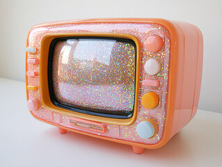 pink vintage television box with a gold metal finish, adorned with colorful buttons and a screen that displays a blank image.