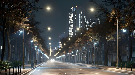 Wall Mural - Stunning Nighttime City Skyline with Illuminated Skyscrapers and Busy Urban Street