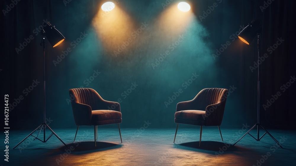 Elegant podcast studio with two chairs facing each other under ...