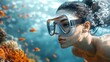 © Koh's Smart - The Generative AI illustration depicts a serene scene of an unrecognizable female diver in diving goggles leisurely swimming underwater near vibrant coral reefs