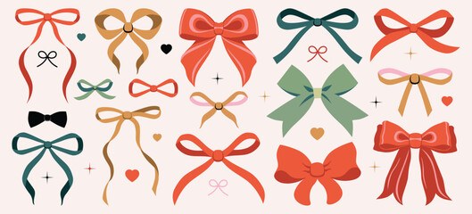 Wall Mural - Vector illustration of christmas vintage bow set. Bows for hair decor. Trendy girls accessories. Cute hairstyle elements collection. Coquette, ribbons. Wedding invitation, party. New year decoration