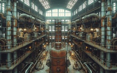 Poster - A vast industrial space filled with large machinery and intricate piping, illuminated by natural light from tall windows.