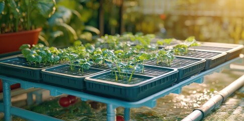 Solar panels over agricultural crops at sunset, sustainable farming concept