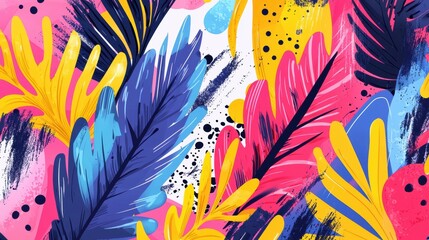 Wall Mural - Vibrant tropical leaf patterns in bright colors. Ideal for summer-themed designs, fashion, and marketing materials, capturing the essence of nature.