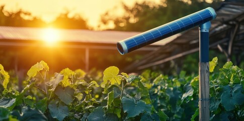 Solar panels over agricultural crops at sunset, sustainable farming concept