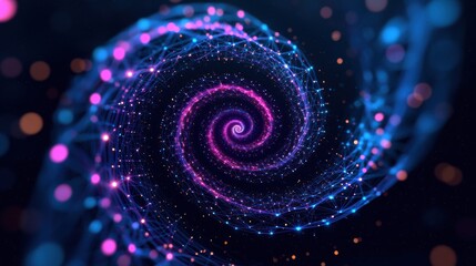 Wall Mural - a vibrant digital spiral composed of glowing particles and interconnected lines, symbolizing energy,