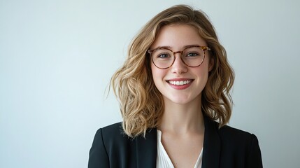 Portrait of a cheerful young businesswoman wearing spectacles, set against a white background, offers a bright and professional vibe with ample copy space for any text.