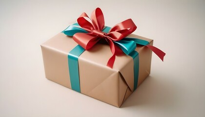 A brown gift box wrapped in kraft paper with a large red ribbon and bow, accompanied by a handwritten gift tag, on a plain white background, suggesting a personal touch.