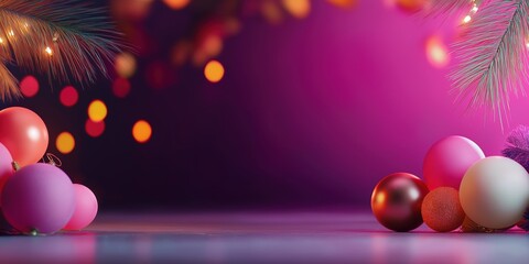 Wall Mural - Christmas ornaments and pine branches against purple background with copy space. Holiday design concept