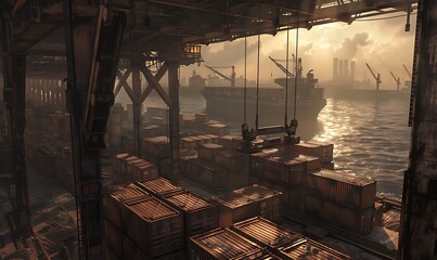 Poster - A bustling port at sunset with stacked crates, ships in the distance, and industrial structures creating a moody atmosphere.