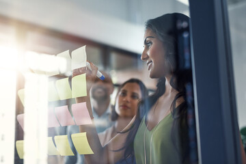 Poster - Glass, training and writing with business people in office for coaching, meeting or planning. Collaboration, seminar or workshop with employee team at work with sticky notes on window for development