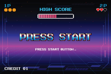 Wall Mural - PRESS START. press start button. pixel art .8 bit game. retro game. for game assets .Retro Futurism Sci-Fi Background. glowing neon grid. and stars from vintage arcade computer games