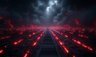 Poster - A futuristic landscape featuring a pathway lined with glowing red elements under a dramatic, cloudy sky.