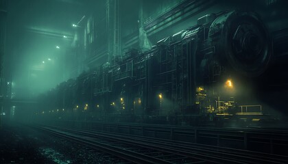 Poster - A dark, futuristic industrial scene illuminated by soft lights, showcasing intricate machinery amidst a misty atmosphere.