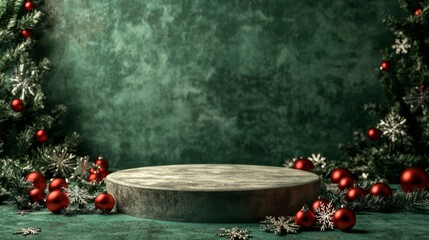 Wall Mural - 3d renderd empty christmas podium stage decorated with ornaments and glitters. stage with green back