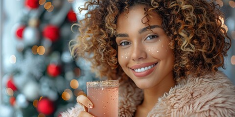 A cheerful young woman with curly hair holds a festive drink, smiling warmly, with a beautifully decorated Christmas tree in the background, radiating holiday joy and warmth