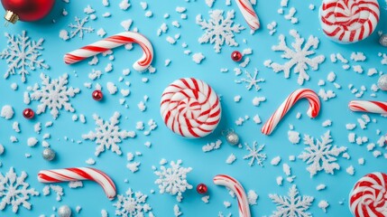 blue christmas background with shiny xmas ornaments and candy canes