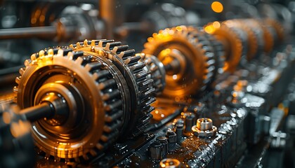 Aufkleber - A close-up view of intricate gears and machinery showcasing metallic textures and reflections, conveying the essence of industrial engineering.