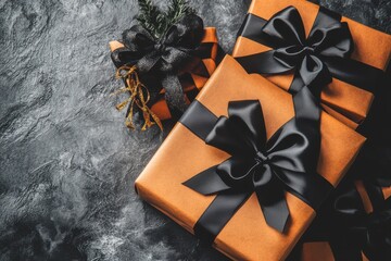 Black gift boxes with bows on gray background, Black Friday banner mockup