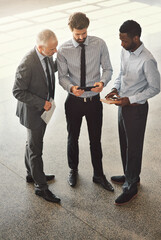 Wall Mural - above, business people and men with tablet, connection and connection with website information. empl