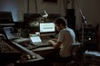© Victor Bertrand - In a dimly lit studio, a focused musician creates magic amidst an array of synthesizers and sound equipment.