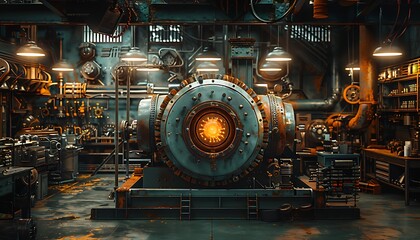 Fototapete - A dimly lit workshop featuring a large, circular machine with an orange glow, surrounded by tools and machinery, evoking a steampunk aesthetic.
