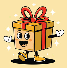 Cheerful cartoon illustration of a gift box character with a red bow, smiling and waving, on a yellow background with sparkles.  
