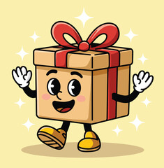 Cheerful cartoon illustration of a gift box character with a red bow, smiling and waving, on a yellow background with sparkles.  
