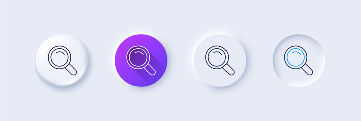 Wall Mural - Search line icon. Neumorphic, Purple gradient, 3d pin buttons. Magnifying glass sign. Enlarge tool symbol. Line icons. Neumorphic buttons with outline signs. Vector