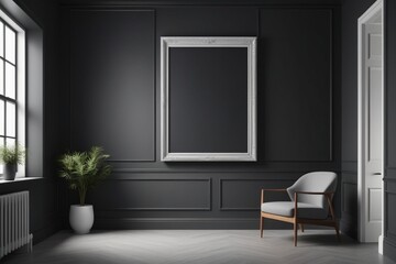 A blank picture-frame mock-up on a wall at the end of hallway, black and white tones, horizontal composition